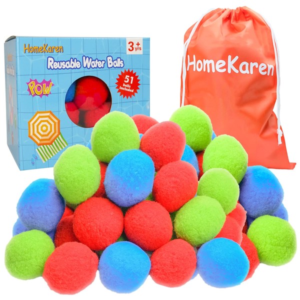Homekaren 51 Water Balls Reusable, Cotton Balls for Water Fight Outdoor, Splash Summer Fun Toys for Kids Outside, Water Balloons Fight Accessories for Pool Trampoline and Beach (RBG)