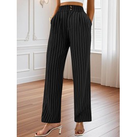 AUXDIO Womens Straight Leg Pants Casual High Waisted Stretchy Double Buttoned Trousers Work Business Dress Pant Black Stripe Large