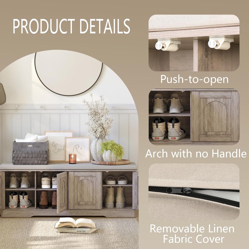 DINZI LVJ Shoe Bench, Entryway Storage Bench with Doors, Cushion,