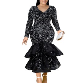 ONTINVA Women Plus Size Sequin Long Sleeves Evening Gown Party Long Maxi Dress Black Glitter Mesh Ruffled Mermaid (Black,2XL,XX-Large)