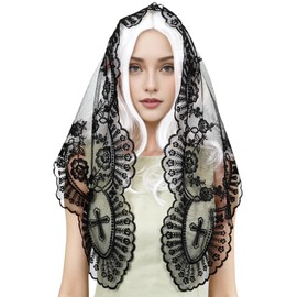 VELUTHERINE Chapel Veils Catholic Mass Mantilla - Black Veil Rose Sacred Heart Embroidery Lace Triangle Veil Scarf Latin Mass Mantilla Holiday Party Lace With Gift Box