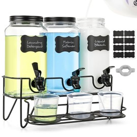 3 Sets 2.2L Liquid Laundry Detergent Dispenser, Glass Laundry Soap Dispenser with Stand, Measuring Cup, Fabric Softener Dispenser for Laundry Room Organization