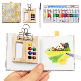 Yamobi Mini Painting Box Watercolour Set, Portable Watercolour Palette Set with Watercolour Paper Journal, Watercolour Brush Pen, Clip, Portable Nano Palette for Watercolour, Mixing Palette Wood