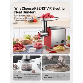 KEENSTAR Electric Meat Grinder, Sausage Stuffer Maker 450W Food Grinder with Blade & 3 Plates, Sausage Stuffer Tubes & Kubbe Kit, Stainless Steel Meat Mincer Machine for Home Kitchen Use (Red)
