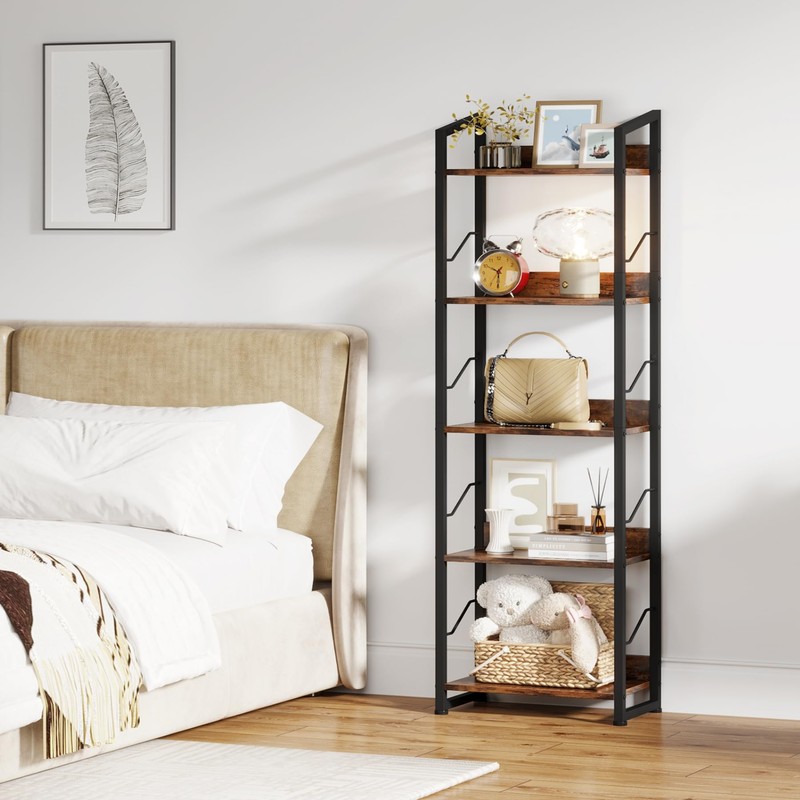 Hosfais 5 Tier Tall Bookshelf: Industrial Wood Book Shelf with