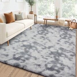 GarveeHome Fluffy Area Rug- Shag Area Rug for Living Room, Shaggy Large Indoor Thick Living Room Carpet with Non-Slip Backing, Soft Plush Carpet for Bedroom,8x10,Tie-dye Light Grey