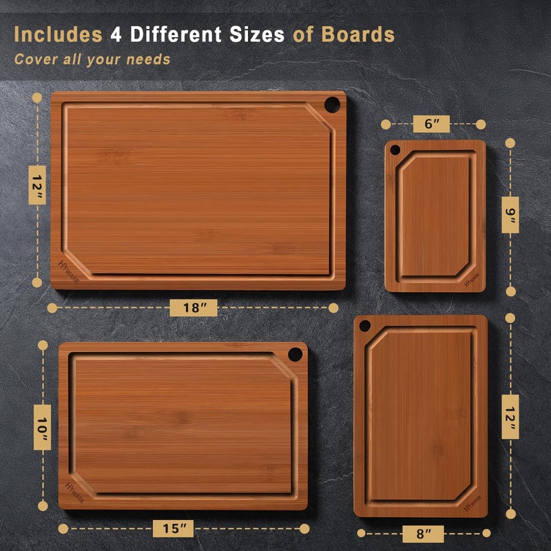 Hiware 4 Pieces Extra Large Wooden Cutting Boards Set- Bamboo