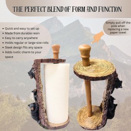 BestGiftEver Freestanding Paper Towel Holder with Decorative Bear Design - Rustic Cabin Kitchen Countertop Décor Featuring a Black Bear Family Climbing on a Tree Trunk - Ideal Gift for Bear Lovers