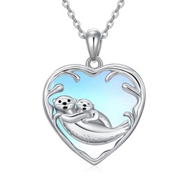 URONE Otter Necklace 925 Sterling Silver Snuggle Otter Pendant Mother Daughter Necklace Moonstone Sea Otter Jewelry Gifts for Women