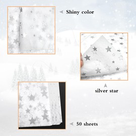 White and Silver Tissue Paper Sheet Gift Wrapping ,Topeedy 50 sheets 35*50cm Silver Star Tissue Paper For Packing Christmas Thanksgiving Day Present Weeding Birthday Gift Boxes or DIY Art Crafts-star