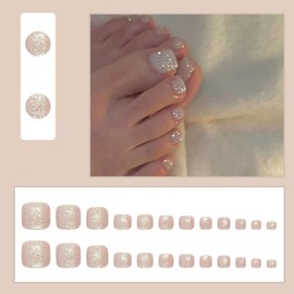24 Pcs Press on Toe Nails Short Square - ZIFANHU Silver Fake Toe Nails press ons Full Cover Acrylic False Toe Nails with Cute Glitter Design Glue on Nails for Women