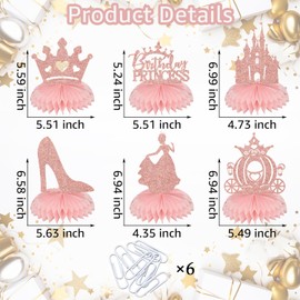 6Pcs Princess Birthday Honeycomb Centerpieces, Princess Birthday Party Decorations, Princess Centerpieces for Tables, Princess Castle Carriage Baby Shower Supplies Rose Gold Glitter