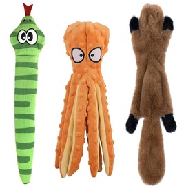 Squeaky Dog Toys for Small, Medium, and Large Pets, Cute Interactive Plush Dog Chew Toys, Orange Octopus. Green Snake and Squirrel, 3 Pack