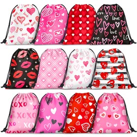Bafeil 12 Pcs Valentines Day Drawstring Bags Bulk Reusable Heart Gift Goodie Treat Bags Backpack for School Wedding Holiday Valentine's Party Favors Decoration