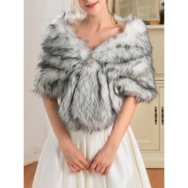 EASEDAILY Women's Fur Shawls and Wraps Wedding Fur Scarf Faux Bridal Fur Stole with Brooch for Brides and Bridesmaids (A white) (G-white+black, US 4-14 (S-M))