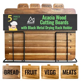 MODERNLYST Acacia Cutting Boards for Kitchen with Holder 13" x 11" x 2.5" | Labeled Wood Cutting Board Sets | Large Wooden Cutting Board Set of 4 with Black Organized Stand | Non Toxic Chopping Board