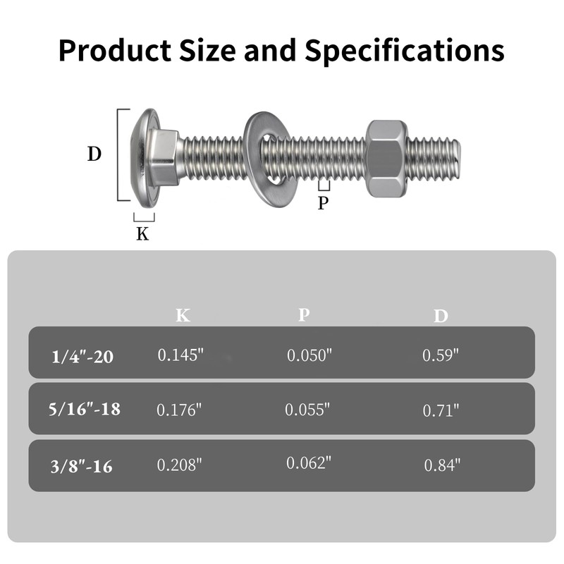 Krysay 1/4-20 x 1-1/4" Carriage Bolts 304 Stainless Steel 18-8,Round