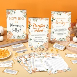 Sherr 476 Pcs Little Pumpkin Baby Shower Game 6 Sets Activities Cards Pacifier Hunt Game 50 Pacifiers How Big Is Mommy's Belly Sign 50 Guessing Cards 2 Measuring Tape Don't Say Baby Sign 50 Clothespin