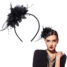 ElevateTech 1920s Feather Fascinators Headband, Queen Flapper Headpiece Vintage Hair Clip for Women Cocktail Wedding Party(Black)