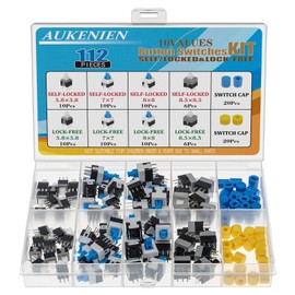 AUKENIEN 10 Value 112 Pieces DPDT Self-Locking Push Button Switch and Tactile Locking Assortment Kit 6 Pin Micro 5.8 x 5.8 mm 7 x 7 mm 8 x 8 mm 8.5 x 8.5 mm with Button Cap