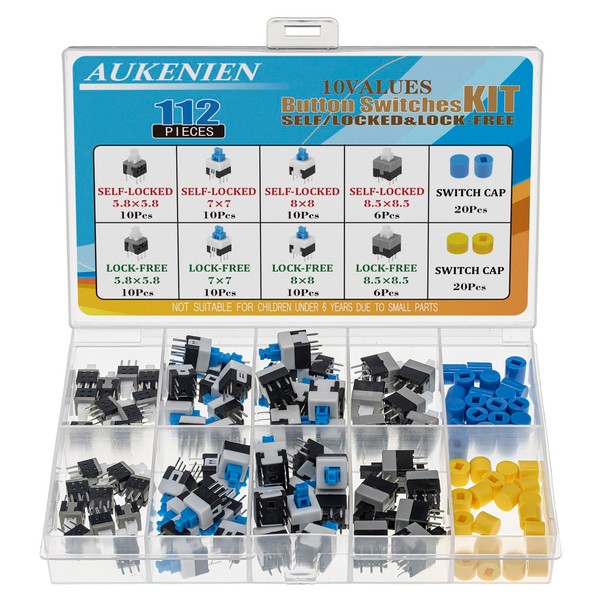 AUKENIEN 10 Value 112 Pieces DPDT Self-Locking Push Button Switch
