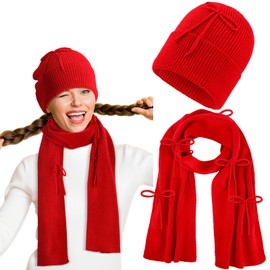 Chicingyou 2 Pcs Red Bow Knitted Hat and Scarf Set for Women and Men Christmas Winter Soft Hat and Shawl Wraps Scarves Bow Thick Warm Suit Winter Accessories for Christmas Valentine's Day Gift