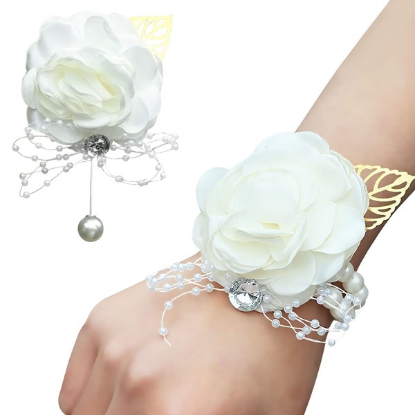 MAMUNU Rose Corsage Bracelet, 2PCS Floral Wedding Wrist Corsage with Rhinestone and Pearl,Ribbon Flower Bracelet,Silk Rose Corsage Set for Wedding,Bridal Shower,Prom,Bridesmaid(White)