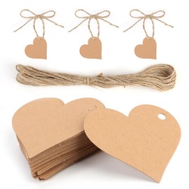 Cards for party favours, 50 heart-shaped kraft paper labels and 10 metres of string, gift wrapping, making craft items etc. (A: basic colours)
