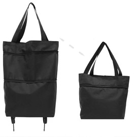 Folding shopping bag, supermarket trolley with two lightweight folding wheels, reusable Oxford cloth, large capacity ultra-light portable shoulder backpack, shopping bag must-have at home (black)