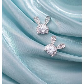 CZ Cute Rabbit Small Stud Earrings S925 Sterling Silver for Women Teen Girls Dainty Crystal Diamond Lovely Bunny Pet Animal Cartilage Earring Ear Pierced Studs Chic Jewelry Birthday Gifts