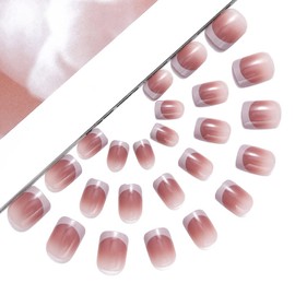 Handcess Square French False Nails Short Shiny Press on Nails White Pink Acrylic Fake Nails Stick on Nail 24 Pieces for Women and Girls