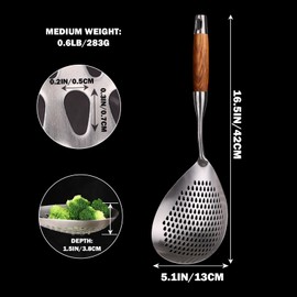 MARTE Skimmer Slotted Spoon -16.5in 304 Stainless Steel Pasta Spider Strainer Skimmer Ladle Spoon for Cooking and Frying - Kitchen Metal Scoop Colander Strainer Spoon with Heat Resistant Wooden Handle
