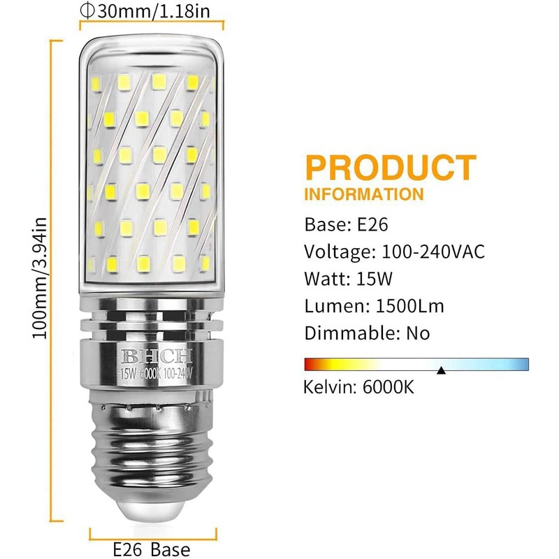BHCH E26 LED Corn Bulbs 15W, 6000K Daylight White, 1500LM,