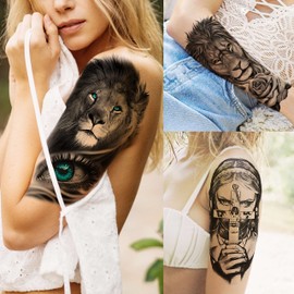 65 Sheets FANRUI Black Tiger Lion Temporary Tattoos For Men Women Arm Sleeve, Waterproof Tattoo Stickers Adults Snake Wolf Rose Flower Compass, 3D Skull Owl Fake Tattoos That Look Real And Last Long