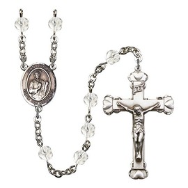 San Judas Silver-Plated Rosary 6mm April Crystal Fire Polished Beads Crucifix Size 1 5/8 x 1 medal charm