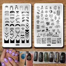 2pcs French Nail Stamper Plate Kit English Letter Flowers Nail Stamping Plates Star Heart Nail Art Plates Rectangle Nail Stencil Heel Bow Lollipop Pattern Manicure Template 9.5x14.5cm Nail Stamp Tools