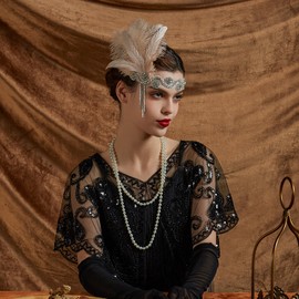 Comott Flapper Headband for Women Vintage 1920s Pearls Feather Lace Headpiece for Roaring Gatsby Party Masquerade（champagne）