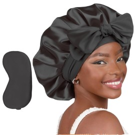 Dokpav Gorros para Regadera Mujer, Gorro Saten Pelo Rizado, Gorro de Seda para Dormir Cabello Rizado, Gorro de Noche, Bonnet Ajustable con Máscara De Ojo para Dormir, Belleza, Maquillaje (Nergo)