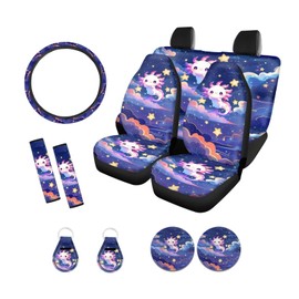 Xoenoiee Cute Axolotl Galaxy Print 11 Pcs Car Accessories with Front & Rear Auto Seats Covers, Steering Wheel Cover, Seat Belt Pads, Cup Coaster, 2 Pcs Keyrings - Universal Fit
