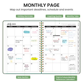 Academic Planner 2025-2026 For Women & Men, Monthly and Weekly Calendar Planner, Jul 2025 - Jun 2026, A5 (6.3" x 8.5"), Teacher Student Planning Book with Tabs, Ideal for Office School Supplies - Green