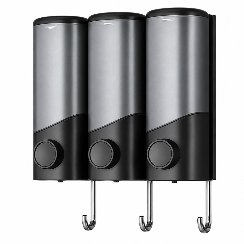 Wall Mounted Shampoo and Conditioner Dispenser with Hooks, 3-Compartment Refillable