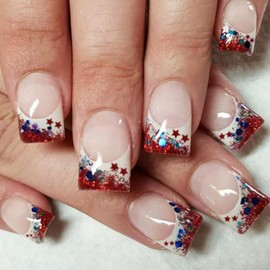 4th of July Press on Nails Glitter Short Square Fake Nails with Star Designs White Blue Red French Glue on Nails Independence Day False Nails Full Cover Summer Nails for Women Manicure 24Pcs