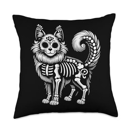 Spooky Day of the Dead Cat, Domestic Longhair Cat Lover Throw Pillow