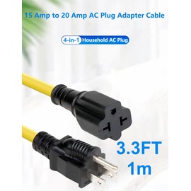 3.3FT 12AWG 15 Amp to 20 Amp Adapter Household AC Plug T Blade Power Extension Cord Cable, for Nema 5-15P to 5-20R/ 6-15R/ 6-20R,15A 125V to 20A 250V Adapter Cable[4-in-1], 1M