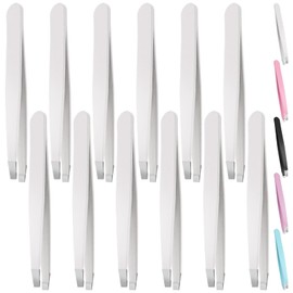 Swpeet Slant 12 Pieces 3.79 Inch White Eyebrow Tweezers Stainless Steel Slanted Tip Tweezers Kit, Professional Face and Hair Remover, Slanted Tip Precision Tweezers for Men and Women