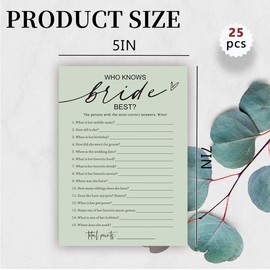 Bridal Shower Games, Who Knows The Bride Best, 25Pcs Minimalist Sage Green Bridal Game Cards, Wedding Shower Games for Guests, Engagement Bachelorette Party Supplies