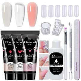 PolyGel Nail Starter Kit - 3 Colors White Pink Clear Extension Gel Set - 15ML Builder Gel for Nails Starter with Slip Solution All In One Poly Set With Fingernail Clips Art