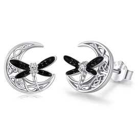 Twoowl Dragonfly Earrings 925 Sterling Silver Black Celtic Stud Earrings Hypoallergenic Irish Earrings Celtic Jewellery Gifts Birthday Christmas for Women Girls