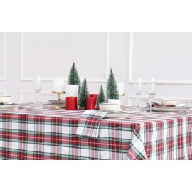 PurpleEssences Tartan Plaid Tablecloth - Water Resistant Wipeable Washable Checkered 60 x 84 Inch Table Cloth for Outdoor Picnic Dining - Christmas - Red and White