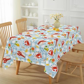 MATIRUG Summer Coastal Tablecloths Rectangle 60x102 Inch, Washable Spill Proof Crayfish Sealife Table Cloth, Reusable Blue Plaid Seafood Decoration for Picnic Beach Boil Party Outdoor